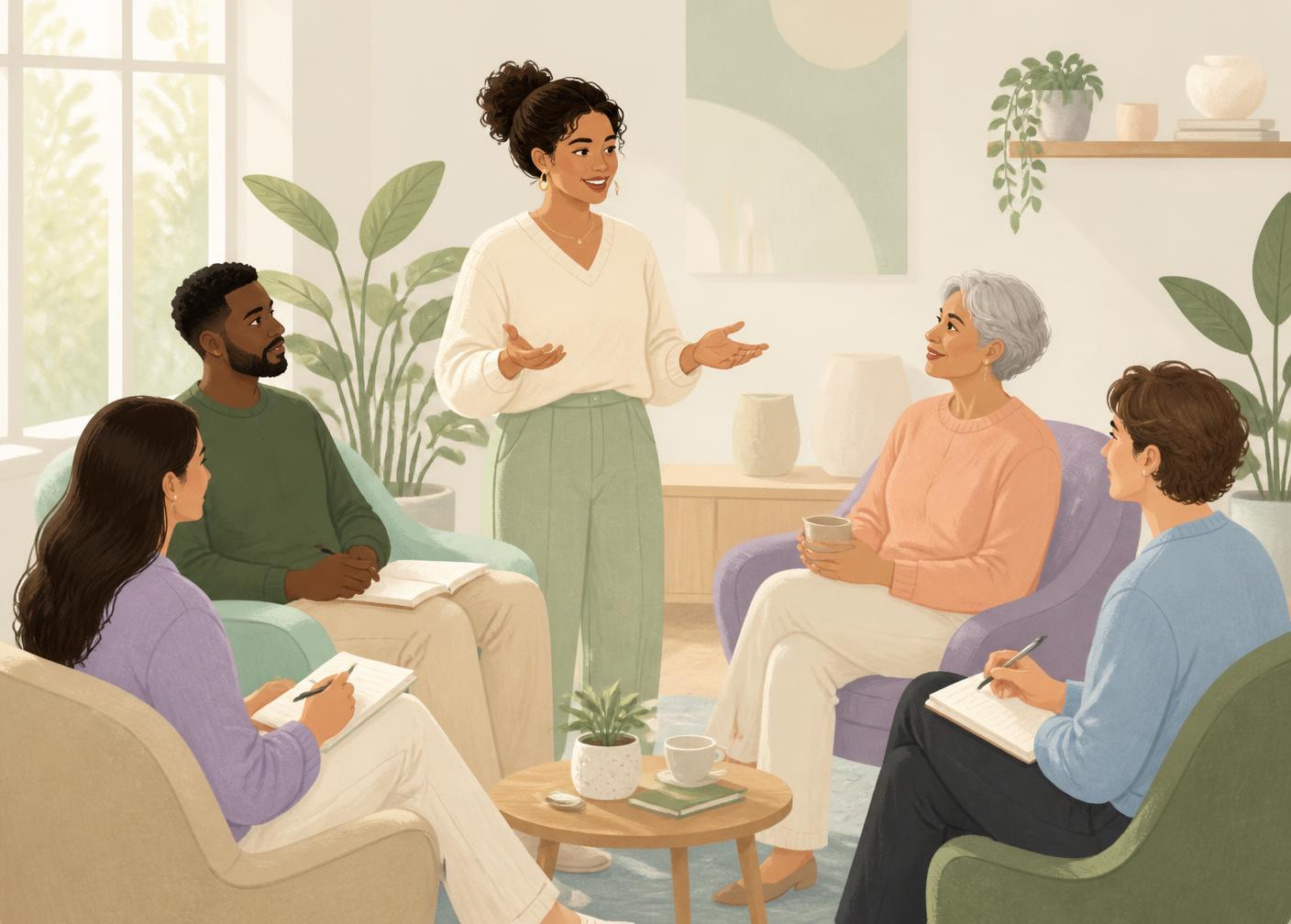 A small, diverse group of adults in a calm learning space