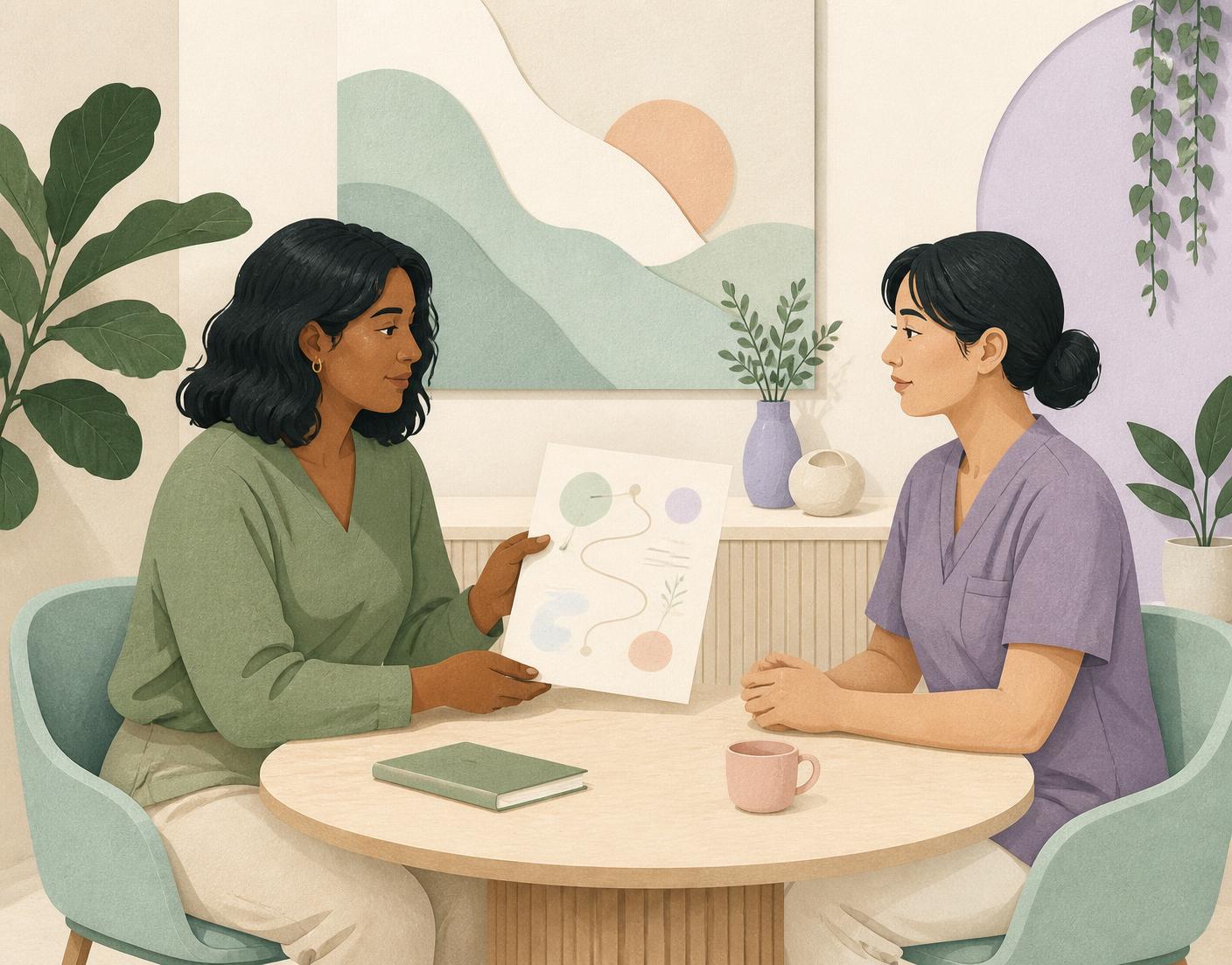 An adult sharing their personal dental care plan with a calm dental professional