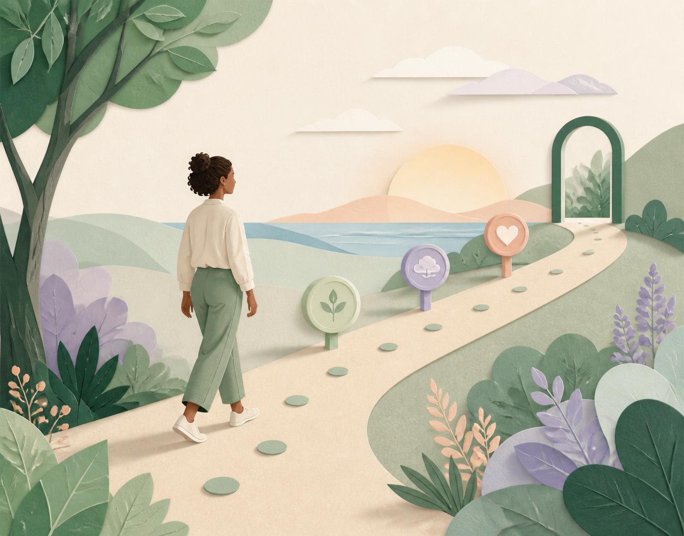 An adult following a gradual pathway of small steps towards a chosen destination